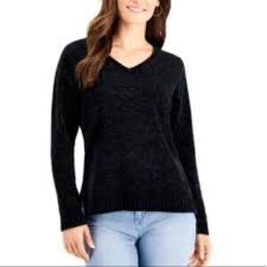 NWT Karen Scott Chenille V Neck Sweater Deep Black Size Pet/Pet